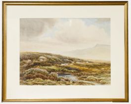 Framed 1878 Watercolour - Sheep in the Heathland