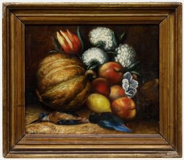Framed 19th Century Oil - Still Life with Kingfishers, Fruit & Flowers