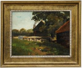 Framed 20th Century Oil - Chickens Roaming