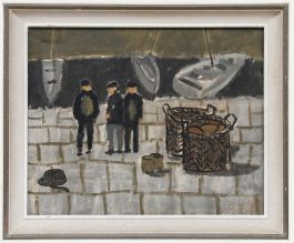 Framed Contemporary Oil - Dock Workers at the Harbour