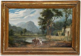 Framed 1861 Oil - Lakeside Cottage