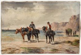 J. Ferry - Late 19th Century Oil, Workhorses on the Beach