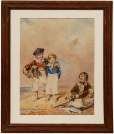 19th Century Watercolour - Children on a Beach