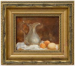 June Chapman - 20th Century Oil, Still Life with Pewter Jug and Apricots