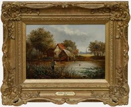 Albert Dunnington (1860-1941) - Framed Oil, Fishing by a Cottage