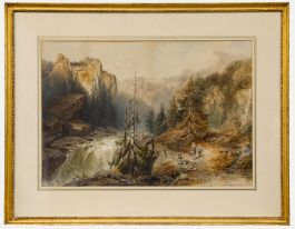 Percival Skelton (fl.1849-1887) - 1886 Watercolour, Travellers in a Rocky Gorge