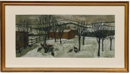 V. Coxon - 1951 Watercolour, A Farm in Winter