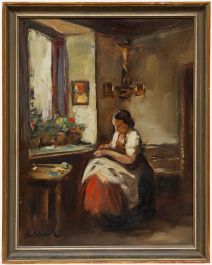 Georg Albert Dorschefeldt (1898-1979) - Framed Oil, Mending Clothes