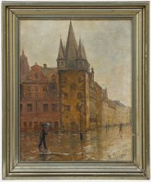 Framed Mid 20th Century Oil - A Rainy Day in Frankfurt