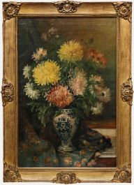 Jules Félix Ragot (1835-1912)- Framed Oil, Chrysanthemums in a Blue & White Vase