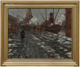 Jan de Clerck (1881-1962) - Framed 1918 Oil, A Winter Evening in the Dockyard