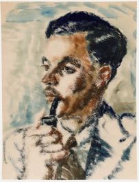 Eve Disher - Mid 20th Century Gouache, Portrait of a Man Smoking a Pipe