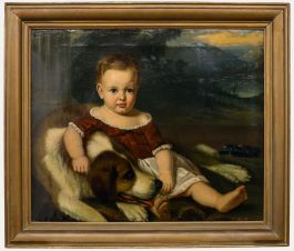 American School 19th Century Oil - Portrait of a Child with a Saint Bernard