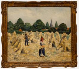 Georges Daumerie (1879-1955) - Framed Belgian School  Oil, Field of Stooks
