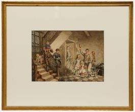 19th Century Watercolour - Children Playing in the Hall