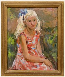 Vera Maksimoushkina (1923-1997) - Framed Oil, Girl in the Floral Dress