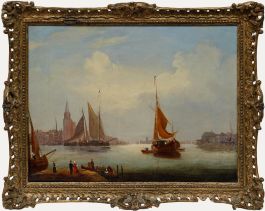 Framed 19th Century Oil - A Busy Dutch Port