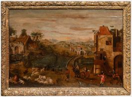 Framed 18th Century Oil - Village Life