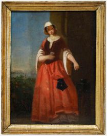 Framed 19th Century Oil - Lady Making a Donation