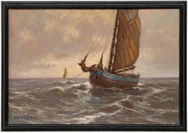 Albert Isidore Devos (1868-1950) - Oil, Fishing Trawler at Dusk