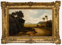 Framed Mid 19th Century Oil - Figures by a River Crossing