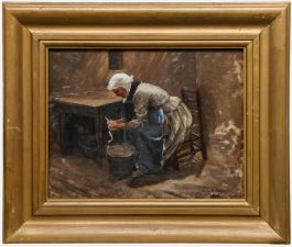 Modeste Carpentier (1866-1926) - Framed 1898 Oil, Peeling Potatoes