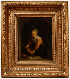 Gerrit Dou - 18th Century Oil, A Maidservant Scouring a Brass Pan