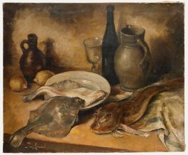 Simone Lienard - Mid 20th Century Oil, Still Life of Fish & Lemons