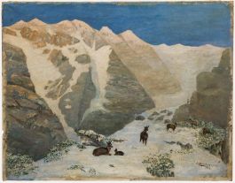 O. Meienberg - Early 20th Century Oil, Chamois in the High Mountains