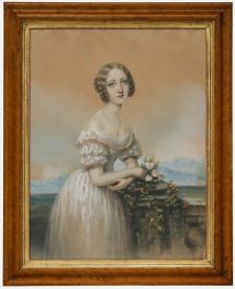Framed Mid 19th Century Pastel - Young Woman in a Pink Gown