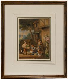 19th Century Watercolour - Children Outside a Cottage