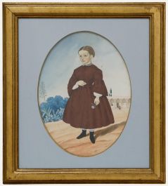 19th Century Watercolour - Young Girl Holding a Flower