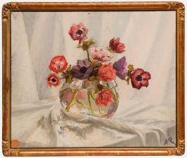 Adolphe Rey - Early 20th Century Oil, Anemones in a Glass Vase