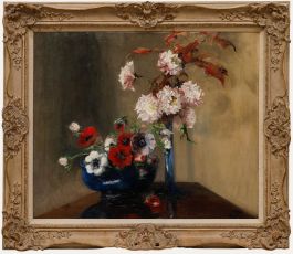 Framed Mid 20th Century Oil - Pink Chrysanthemums & Anemones
