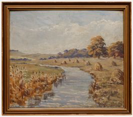 Framed Mid 20th Century Oil - Hay Making by the River