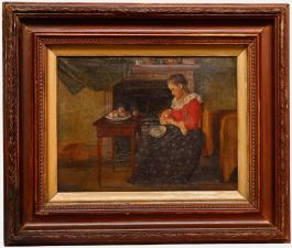 Carl Kricheldorf - Early 20th Century Oil, Preparing Dinner by the Fire