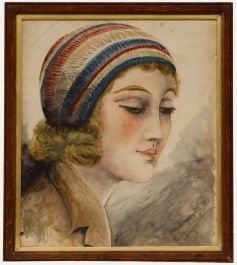 Early 20th Century Watercolour - Girl in a Striped Cap