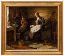 Early 20th Century Oil - Mother and Daughter