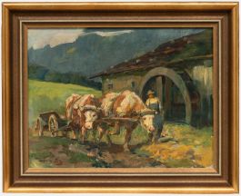 Ludwig Putz - Early 20th Century Oil, Oxen Pulling a Cart