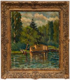 Framed Early 20th Century Oil - Figures by the Boathouse