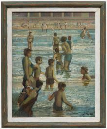 St. John Child - Framed Contemporary Oil, Bathers in the Sea