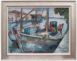 Framed 20th Century Oil - Moored on the Canal