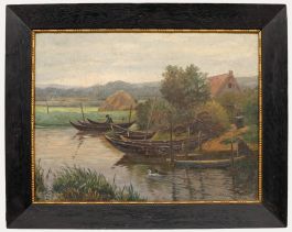 Mid 20th Century Oil - Canoes by a Farmstead