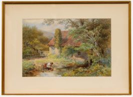 19th Century Watercolour - Collecting Water from the Brook
