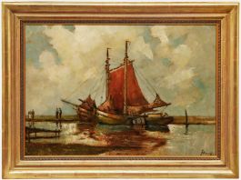 Early 20th Century Oil - Sailing Boats in a Harbour