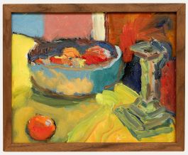 Annelise Firth - Framed Contemporary Oil, Apples, Orange & Silver Candlestick