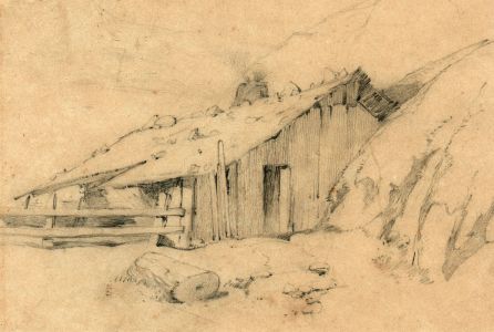 19th Century Pencil Drawing of a Rural Farm Building