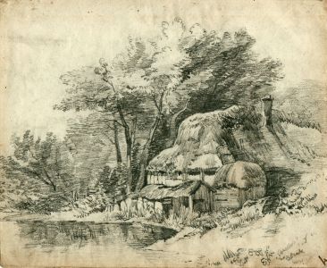 19th Century Pencil Drawing of a Country Cottage by a Pond