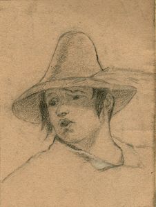 19th Century Pencil Drawing  - Portrait of a Man Wearing Hat