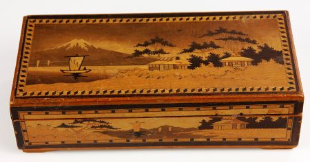 Mid 20th Century Japanese Marquetry Box with View of Mt Fuji